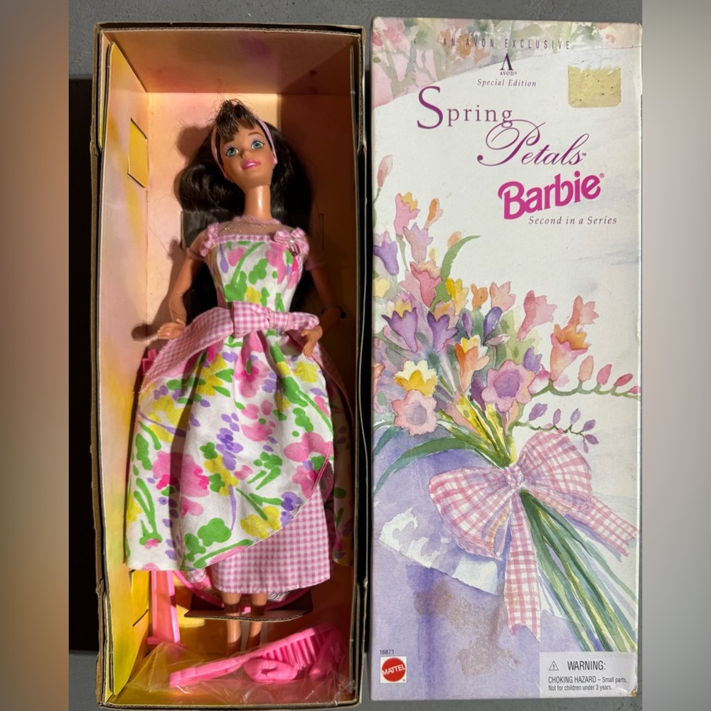 1996 Vintage Avon/Barbie Spring Petals Series Collectible Doll with stand